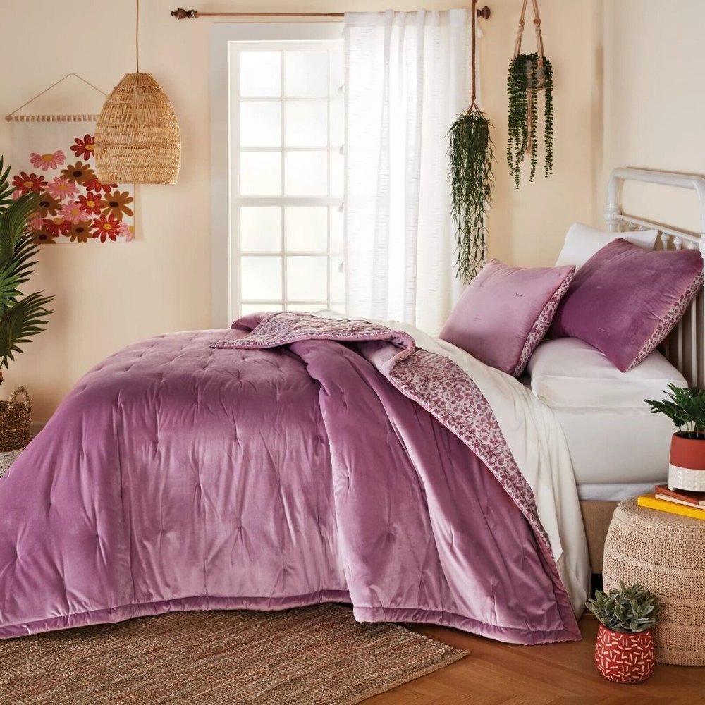 new Wild Sage Velvet Floral 3-pc Reversible 8lb KING Quilt Set Mauve Orchid Pink - Picture 5 of 8